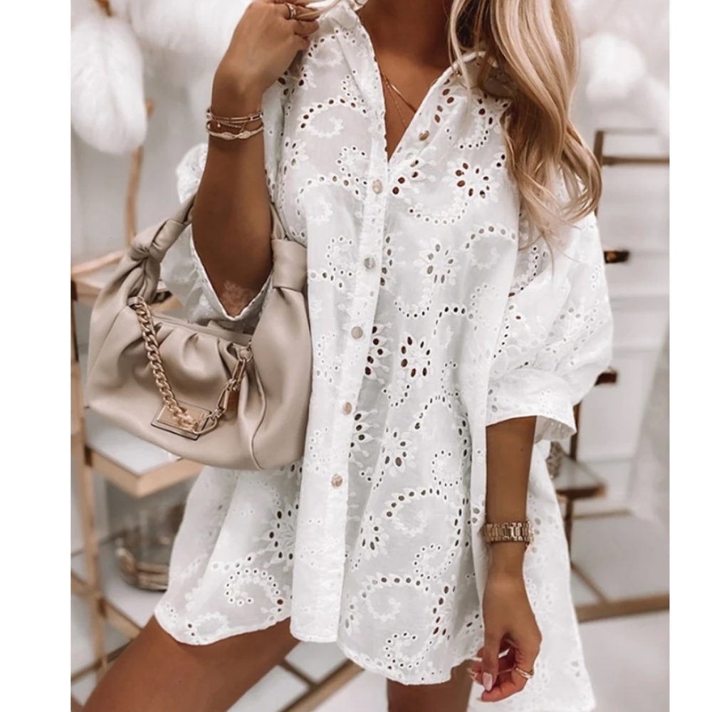 Boho Eyelet Button up Puff Sleeve Shirt Dress